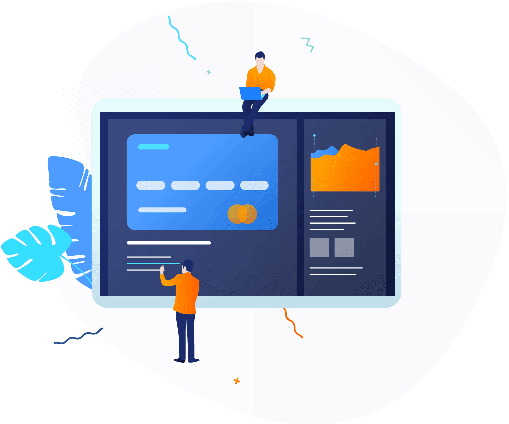 Ilustrace dvou osob komunikujících s velkou obrazovkou zobrazující digitální přístrojovou desku, grafy a obrázek kreditní karty na fialovém abstraktním pozadí s dekorativními prvky.