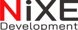 Logo s nápisem "NiXE Development". "NiX" je napsáno velkým písmem, písmeno "N" je jasně červené a "iX" černé. "Development" je uvedeno pod ním menším černým písmem. Pozadí je bílé.