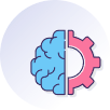 Grafika znázorňující levou polovinu modrého mozku spojenou s pravou polovinou růžového ozubeného kola uvnitř slabého fialového kruhu, který symbolizuje spojení kreativity a technologie nebo logiky.